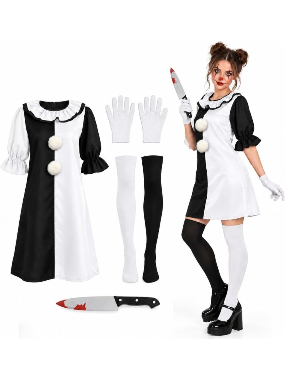 Women's White Black Scary Clown Costume Halloween Outfit Set with Accessories